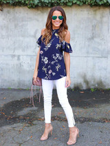 Blue Floral Printed Halterneck Blouse&shirt Tops