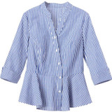Blue And White Striped Shirt Women 2018 Summer Fashion Peter Pan Collar Blouse Short Sleeve Buttons Cotton Tops And Blouses