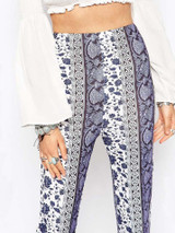 Blue and White Porcelain Printed Bell-bottoms Casual Pants