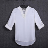 Blouses Women's Fashion Novelties European Style Solid Elegant V Neck Chiffon Blouses Long Sleeve Women's Shirt 2017 Summer Tops