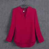 Blouses Women's Fashion Novelties European Style Solid Elegant V Neck Chiffon Blouses Long Sleeve Women's Shirt 2017 Summer Tops