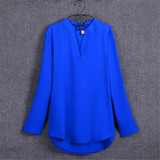Blouses Women's Fashion Novelties European Style Solid Elegant V Neck Chiffon Blouses Long Sleeve Women's Shirt 2017 Summer Tops