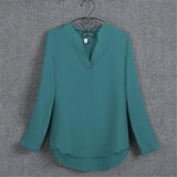Blouses Women's Fashion Novelties European Style Solid Elegant V Neck Chiffon Blouses Long Sleeve Women's Shirt 2017 Summer Tops