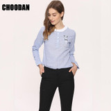 Blouse Shirt Female Cotton Linen 2017 New Summer Stripe Sweet Cartoon Cat Embroidery Shirts Women Tops Ladies Clothing 2018