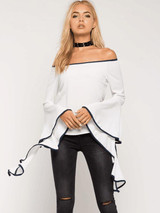 Pretty Sexy Solid Color Long Flared Sleeve Off-Shoulder T-Shirt Tops