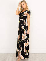 Pretty Sexy Floral-Print Short Sleeve Deep V Neck Side Split Maxi Dress
