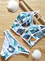 Pretty Sexy Floral-Print Stripes V Neck Two-Pieces Bikini Swimwear