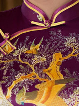 Pretty Purple Embroidery Cap Sleeve Turtle Neck Side Split Long Cheongsam Party Dress