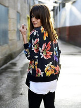 Pretty Floral Printed Stand Collar Zipper Bomber Jacket Tops