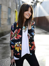 Pretty Floral Printed Stand Collar Zipper Bomber Jacket Tops