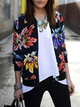 Pretty Floral Printed Stand Collar Zipper Bomber Jacket Tops