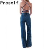 Preself Sexy Denim Jumpsuits Wide Leg rompers womens jumpsuit Sleeveless Playsuit Plus Size New summer