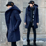 2017 New Korean Fashion Men's Solid Color Hooded Woolen Coat Back Split Long Jacket Coat Man Thicken Slim Hoody