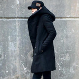 2017 New Korean Fashion Men's Solid Color Hooded Woolen Coat Back Split Long Jacket Coat Man Thicken Slim Hoody