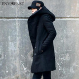 2017 New Korean Fashion Men's Solid Color Hooded Woolen Coat Back Split Long Jacket Coat Man Thicken Slim Hoody