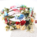 M MISM Bride Women Flower Crown Hair Band Wedding Floral Headband Garland Festival Ribbon Bow Flower Wreath Elastic Headdress