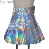 Lychee Punk Style Summer Women Harajuku Skirt Holographic Hologram Metallic Skirt Silver Pleated Mini Skirt Saia
