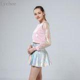 Lychee Punk Style Summer Women Harajuku Skirt Holographic Hologram Metallic Skirt Silver Pleated Mini Skirt Saia