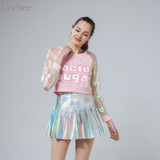 Lychee Punk Style Summer Women Harajuku Skirt Holographic Hologram Metallic Skirt Silver Pleated Mini Skirt Saia