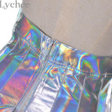 Lychee Punk Style Summer Women Harajuku Skirt Holographic Hologram Metallic Skirt Silver Pleated Mini Skirt Saia