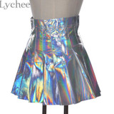 Lychee Punk Style Summer Women Harajuku Skirt Holographic Hologram Metallic Skirt Silver Pleated Mini Skirt Saia