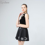 Lychee Harajuku Punk Rock Goth Summer Women Skirt Goth Witch Pentacle Moon Print Kawaii Waist Mini Skirt