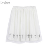 Lychee Gothic Punk Summer Women Skirt Cross Print Mesh Lolita High Waist Kawaii A-line Skirt