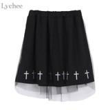 Lychee Gothic Punk Summer Women Skirt Cross Print Mesh Lolita High Waist Kawaii A-line Skirt