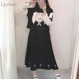 Lychee Gothic Punk Summer Women Skirt Cross Print Mesh Lolita High Waist Kawaii A-line Skirt