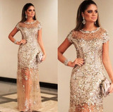 Luxury Sparkly Sequins Short Cap Sleeve Sparkly Prom Dresses 2016 Sexy See Through Cheap Champagne Color Formal Party Dress Gala