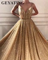 Luxury Shiny Sequins Gold Prom Dresses 2018 Long Elegant Evening Gowns Sexy Spaghetti Straps Women Special Occasion Formal Dress