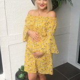 Maternity Ruffle Sleeveless Yellow Floral Print Slash Neck Dress Maternity Ruffle Sleeveless Yellow Floral Print Slash Neck Dress