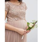 Maternity Maxi Tulle Dress With Tonal Delicate Sequins
