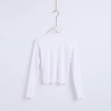 Stand Collar Tops Long Sleeve crop t-shirts Women Rib Knit Lettuce Edge Crop Bardot Top Woman Sexy slim short T shirt Top