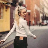 Stand Collar Tops Long Sleeve crop t-shirts Women Rib Knit Lettuce Edge Crop Bardot Top Woman Sexy slim short T shirt Top