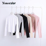 Stand Collar Tops Long Sleeve crop t-shirts Women Rib Knit Lettuce Edge Crop Bardot Top Woman Sexy slim short T shirt Top