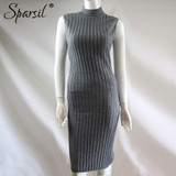 Sparsil Women's Spring Mid-Turtleneck Sleeveless Cashmere Blend Knitted Dress Elegant Slim Knee-Length Dresses