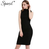 Sparsil Women's Spring Mid-Turtleneck Sleeveless Cashmere Blend Knitted Dress Elegant Slim Knee-Length Dresses