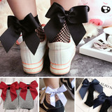 Sparsil Women Sexy Hollow Out Fishnet Socks Cute Bow Knot Mesh Net Ankle Sock Breathable Elastic Black Short Calcetines