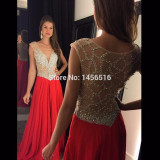 Sparkly Long Red Prom Dresses 2017 V-neck robe de bal Sequined Cap sleeve vestido de festa Beading Formal Evening Party Gowns