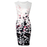 Autumn 2016 Women Sexy Dresses Ladies Elegant Black Sleeveless Knee Length Floral Print Sheath Dress