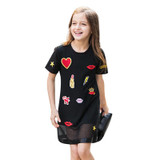 AuroraBaby Little Big Girls Casual Cute Dress Size 7-16 Cotton Black For Wedding Party Applique Dress Girls Clothing Vestidos