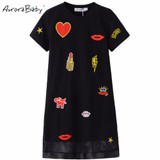 AuroraBaby Little Big Girls Casual Cute Dress Size 7-16 Cotton Black For Wedding Party Applique Dress Girls Clothing Vestidos