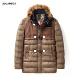 Aolamegs Winter Down Jacket Men Hooded Fur Collar White Duck Down Coat Fashion Patchwork Slim Fit Youth Windproof Jacket Outwear