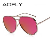 AOFLY New Metal Frame Women Fashion Sunglasses Geometry Double-Bridge Personality Brand Design Sunglasses Mirror Glasses UV400