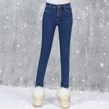 High Waist White Jeans Female 2016 Winter Velvet Pants Thick Warm Stretch Jean Slim Femme Skinny Winter Pencil Pants For Women