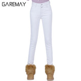High Waist White Jeans Female 2016 Winter Velvet Pants Thick Warm Stretch Jean Slim Femme Skinny Winter Pencil Pants For Women