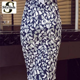 High Waist Skirt Women Geometric Printed Pencil Skirts 2017 Summer Spring New Fashion Korean Knee-Length Ladies Office Clothing