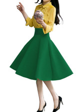 High Waist Pleat Elegant Skirt Green Black White Knee-Length Flared Skirts Fashion Women Faldas Saia 5XL Plus Size Ladies Jupe