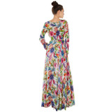 HDY Haoduoyi Multi Women Maxi Dresses Long Sleeve V Neck High Waist Casual Dress Women Tie Waist Floar Print Floor-Length Dress